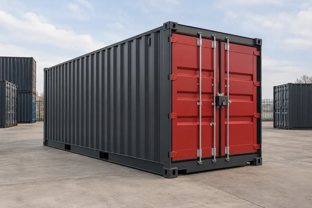 Steel storage container with closed red doors and a protective lock box