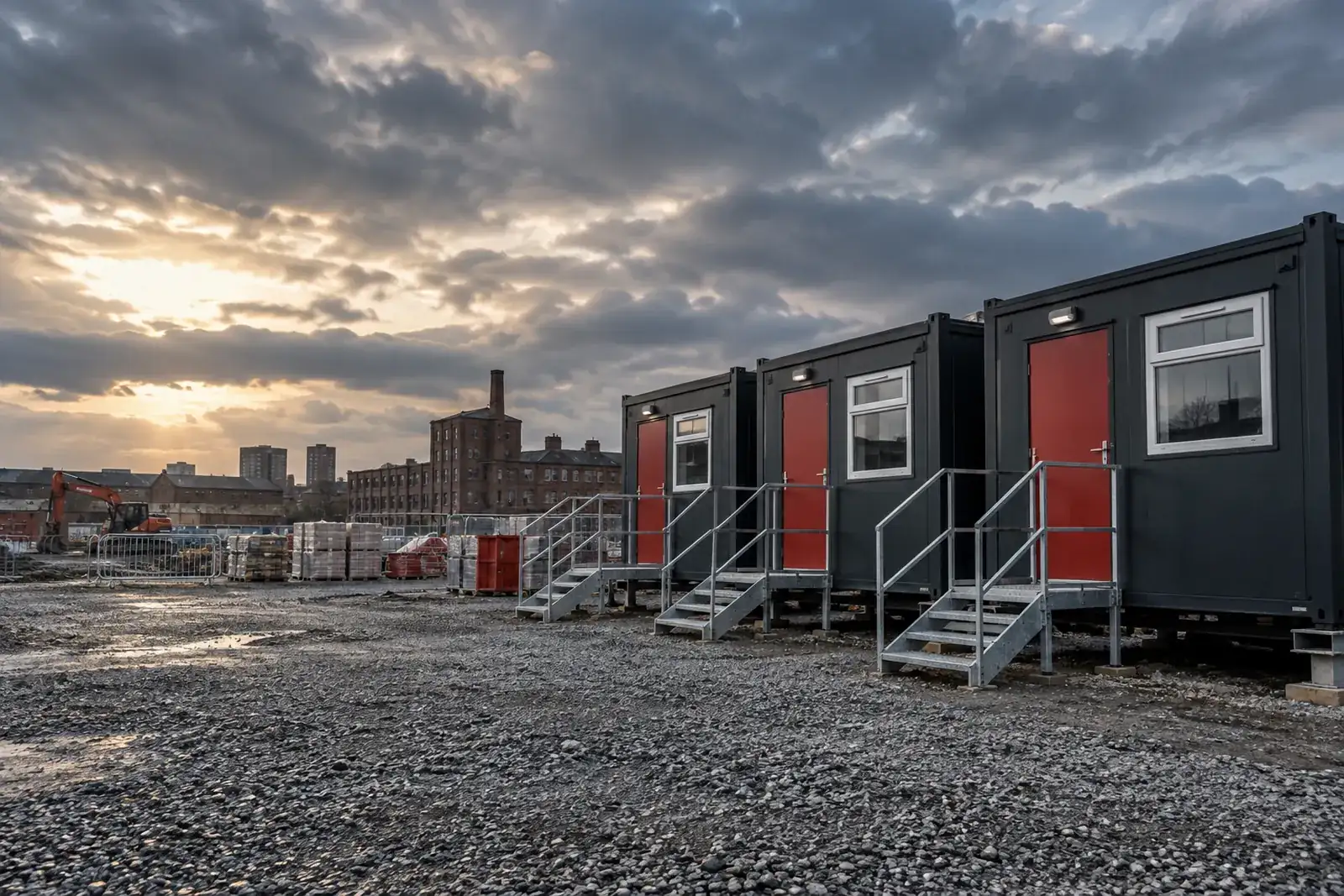 Steel welfare cabins with red doors in an industrial construction compound