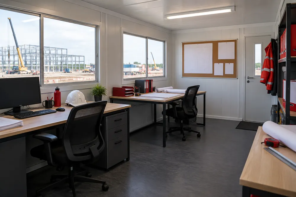 Practical portable site office interior with desks and a view of an industrial compound