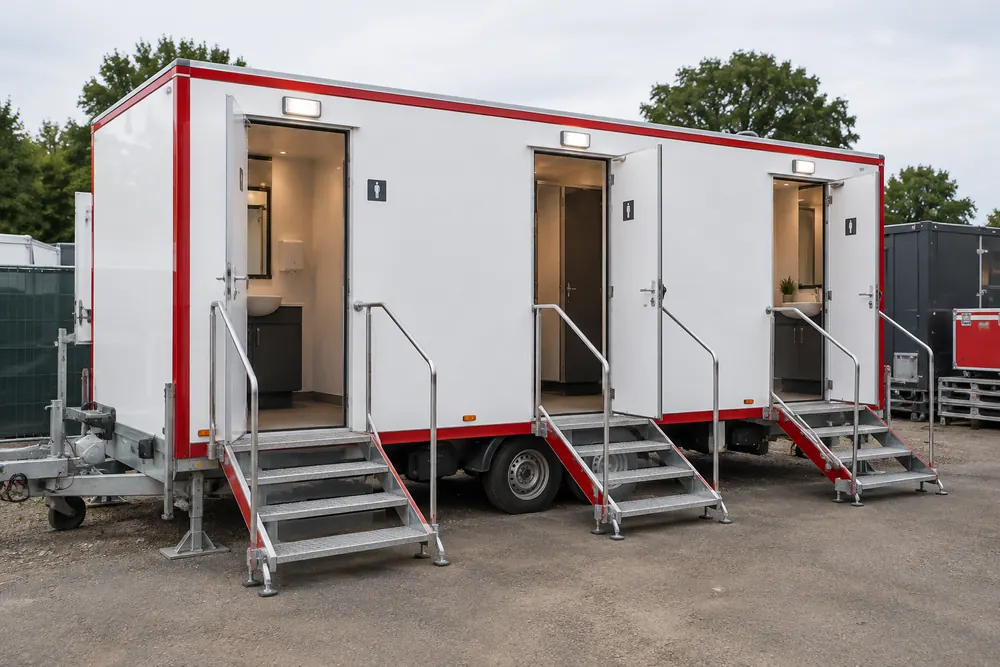 White commercial toilet trailer with metal access steps on firm hardstanding
